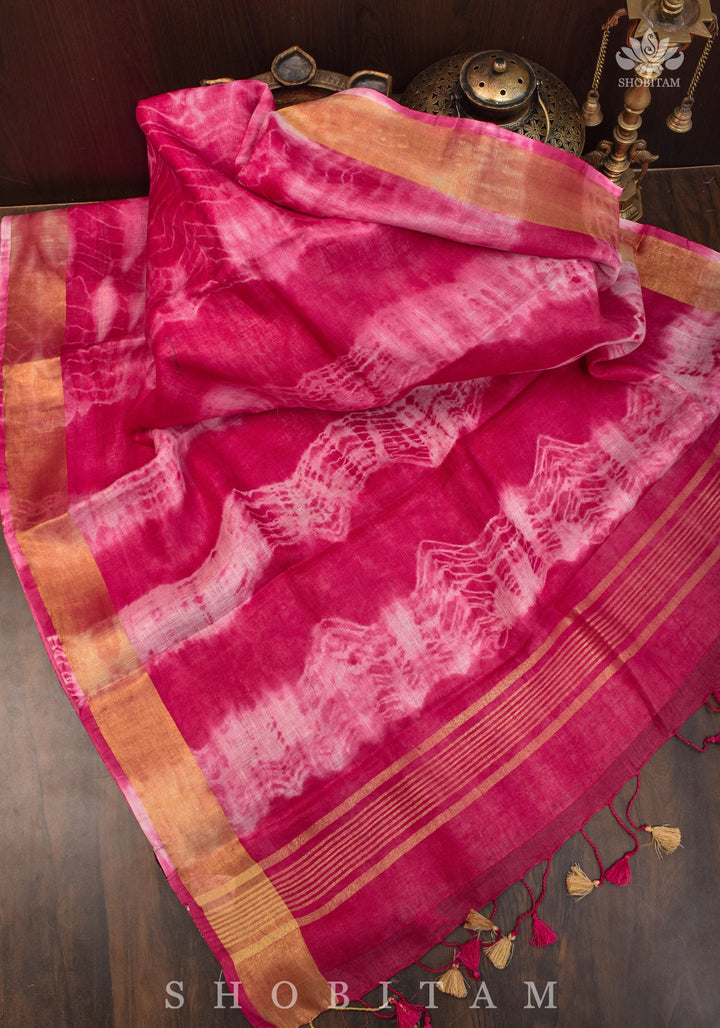 Handmade Shibori Dye Pure Linen by Linen Saree in Amaranth Pink and White with long tassels