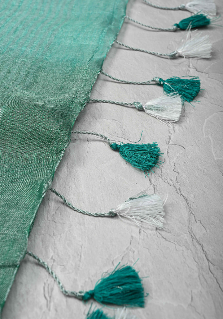 Cyan and Sea Green Ombre Shaded Tissue Linen Saree with Zari Border