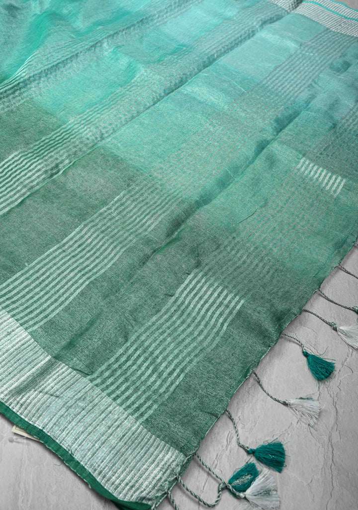 Cyan and Sea Green Ombre Shaded Tissue Linen Saree with Zari Border