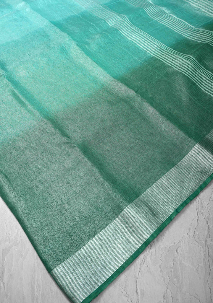 Cyan and Sea Green Ombre Shaded Tissue Linen Saree with Zari Border