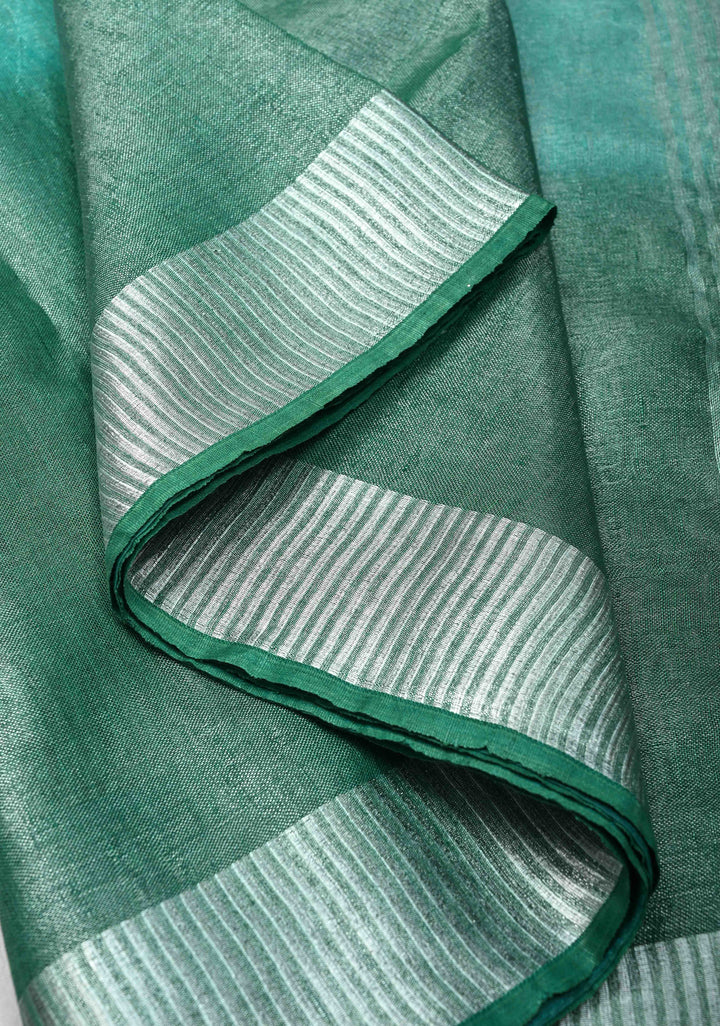 Cyan and Sea Green Ombre Shaded Tissue Linen Saree with Zari Border
