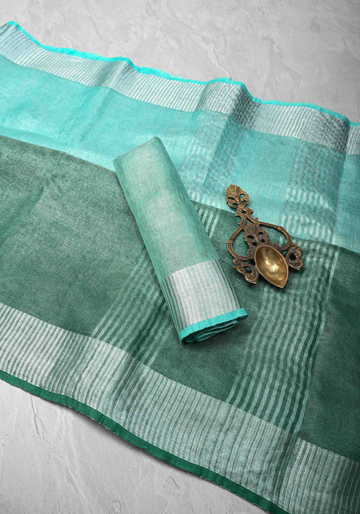 Cyan and Sea Green Ombre Shaded Tissue Linen Saree with Zari Border
