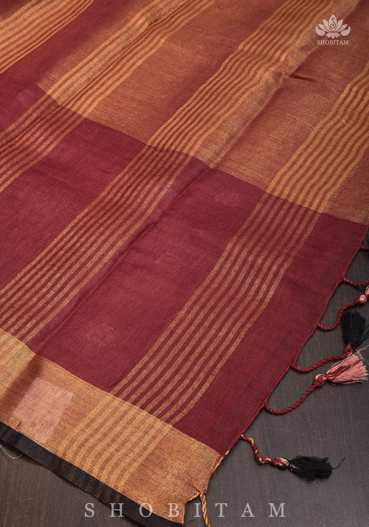 Maroon Dual Tone Linen Saree with tissue top and buttas | Shobitam Saree