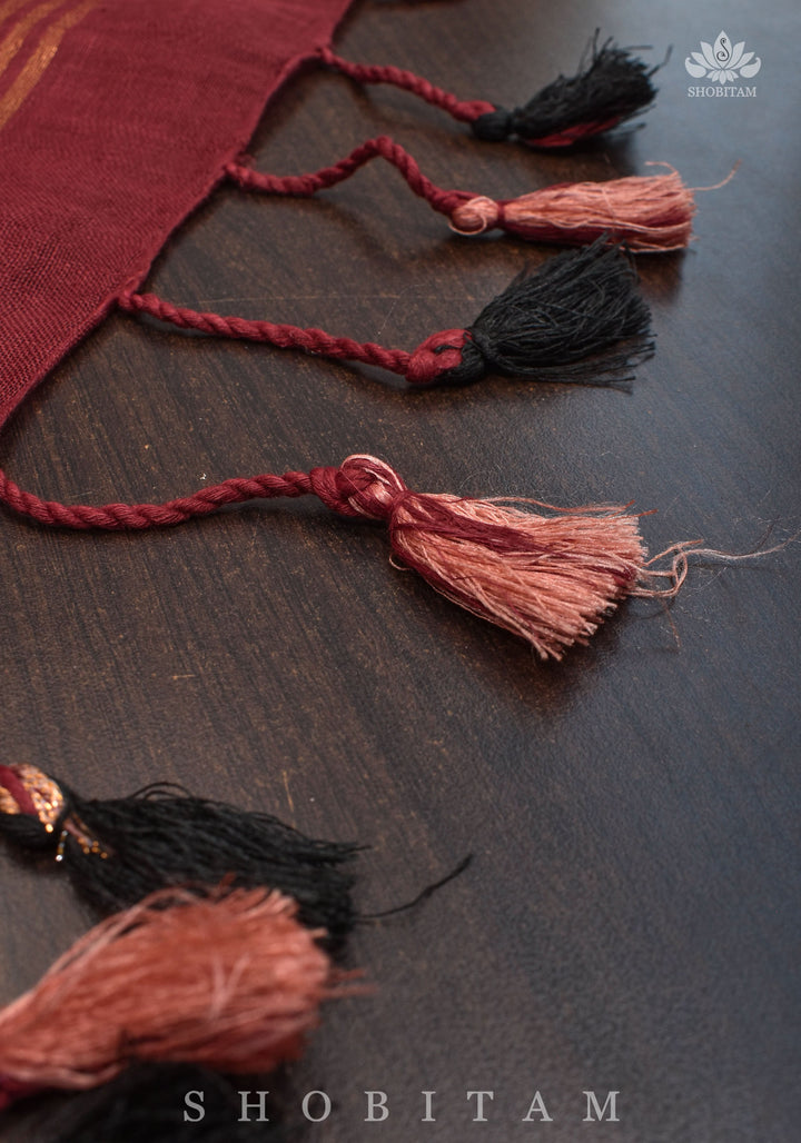 Maroon Dual Tone Linen Saree with tissue top and buttas | Shobitam Saree