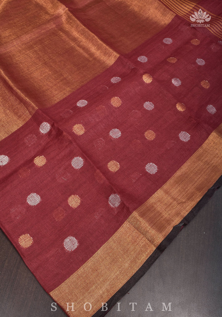 Maroon Dual Tone Linen Saree with tissue top and buttas | Shobitam Saree