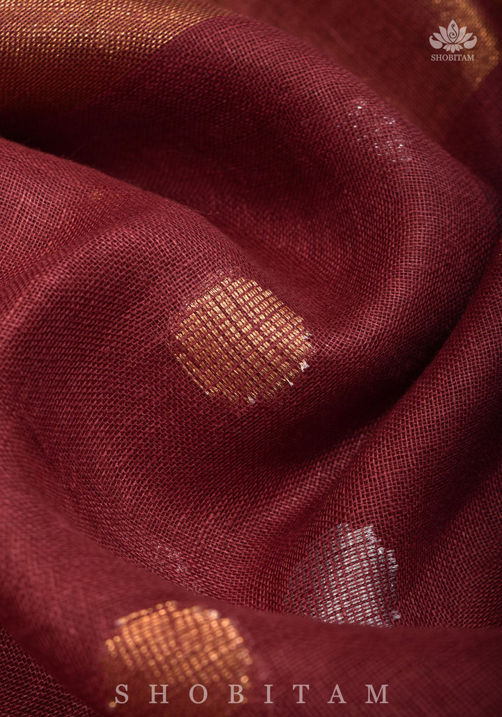Maroon Dual Tone Linen Saree with tissue top and buttas | Shobitam Saree