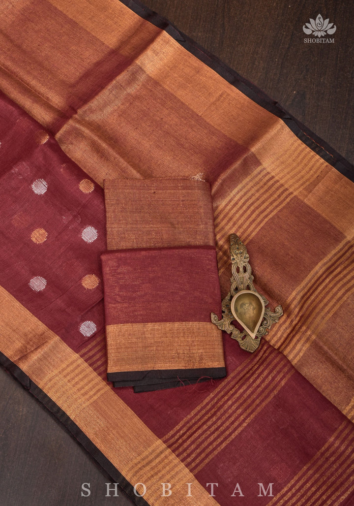Maroon Dual Tone Linen Saree with tissue top and buttas | Shobitam Saree
