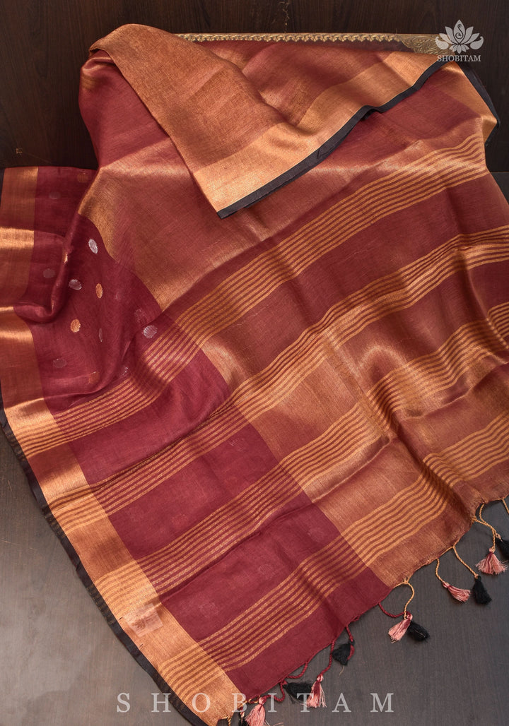 Maroon Dual Tone Linen Saree with tissue top and buttas | Shobitam Saree