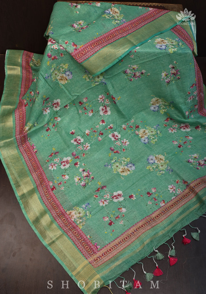 Green Digital Printed Silk Linen saree