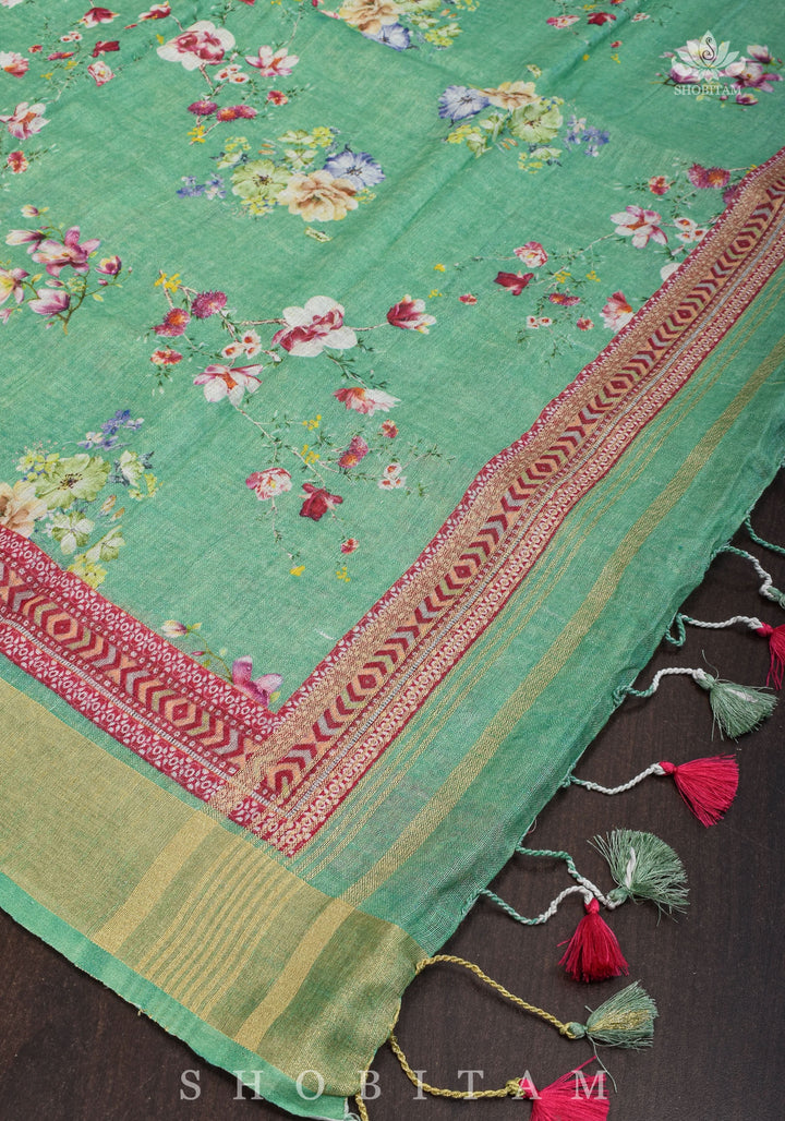 Green Digital Printed Silk Linen saree