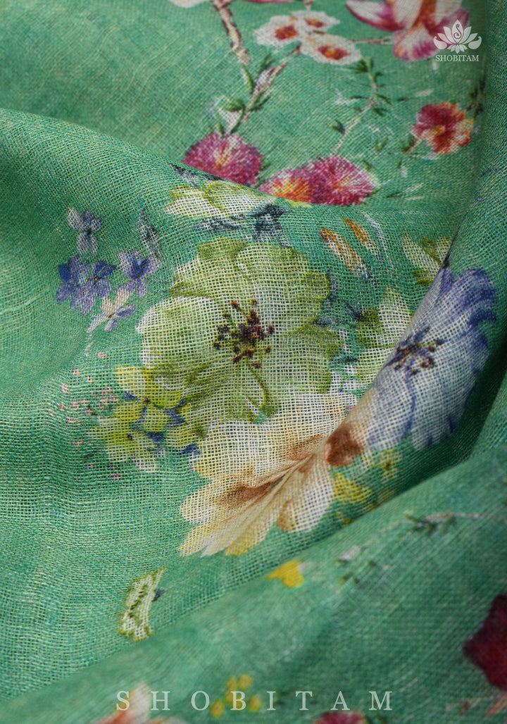 Green Digital Printed Silk Linen saree