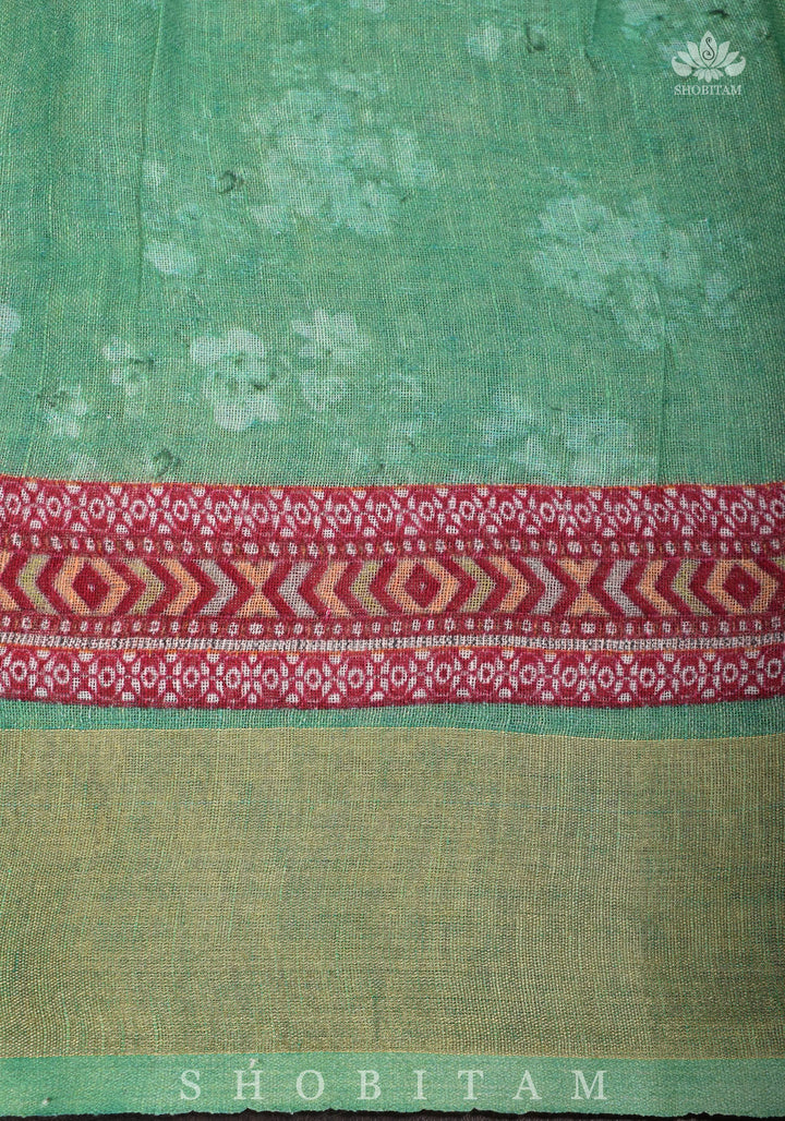 Green Digital Printed Silk Linen saree