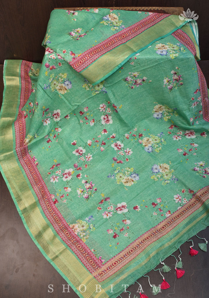 Green Digital Printed Silk Linen saree