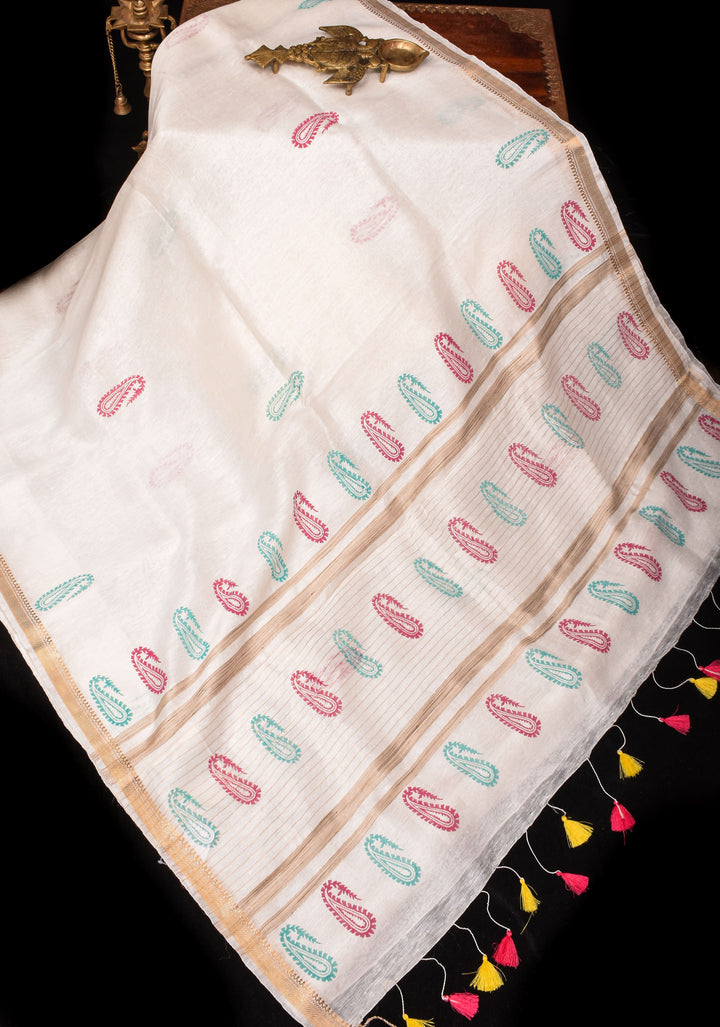 White Silk Linen Saree with Sanganeri Block Print  Paisley buttas and Woven Zari Borders