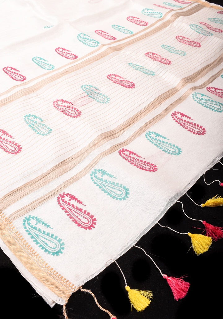 White Silk Linen Saree with Sanganeri Block Print  Paisley buttas and Woven Zari Borders