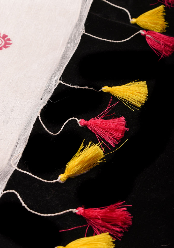 White Silk Linen Saree with Sanganeri Block Print  Paisley buttas and Woven Zari Borders