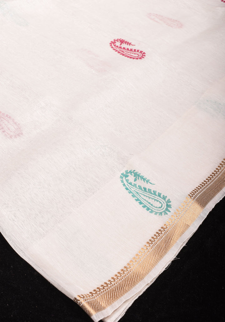 White Silk Linen Saree with Sanganeri Block Print  Paisley buttas and Woven Zari Borders