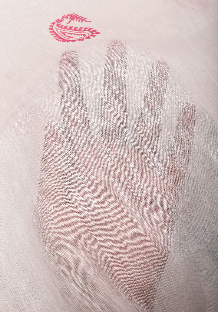 White Silk Linen Saree with Sanganeri Block Print  Paisley buttas and Woven Zari Borders