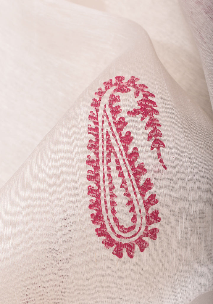 White Silk Linen Saree with Sanganeri Block Print  Paisley buttas and Woven Zari Borders