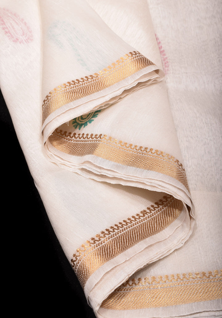 White Silk Linen Saree with Sanganeri Block Print  Paisley buttas and Woven Zari Borders