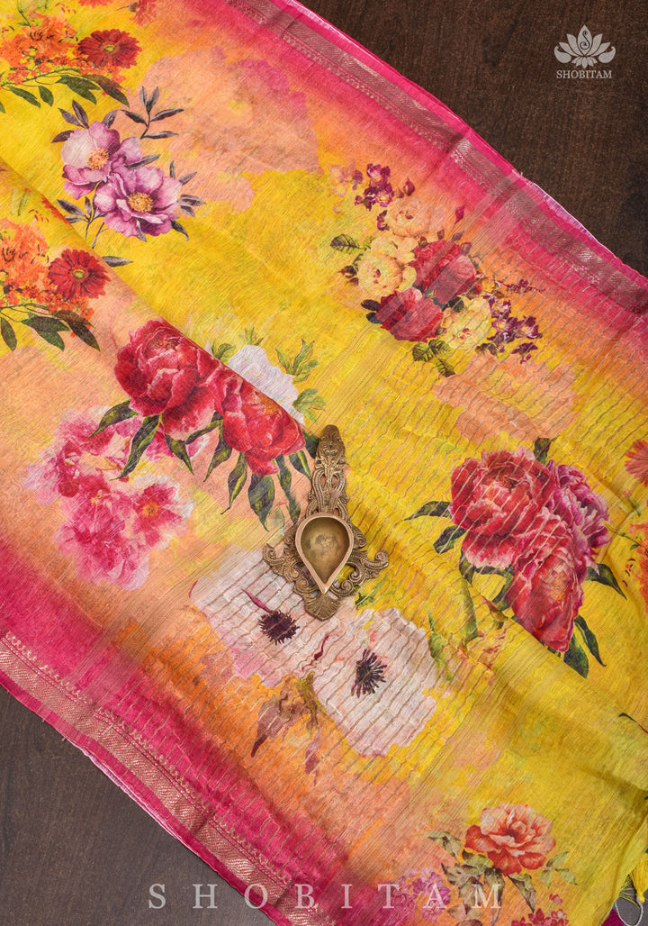Yellow Floral Digital Print Silk Linen Saree