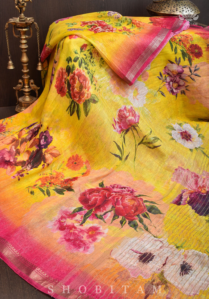 Yellow Floral Digital Print Silk Linen Saree
