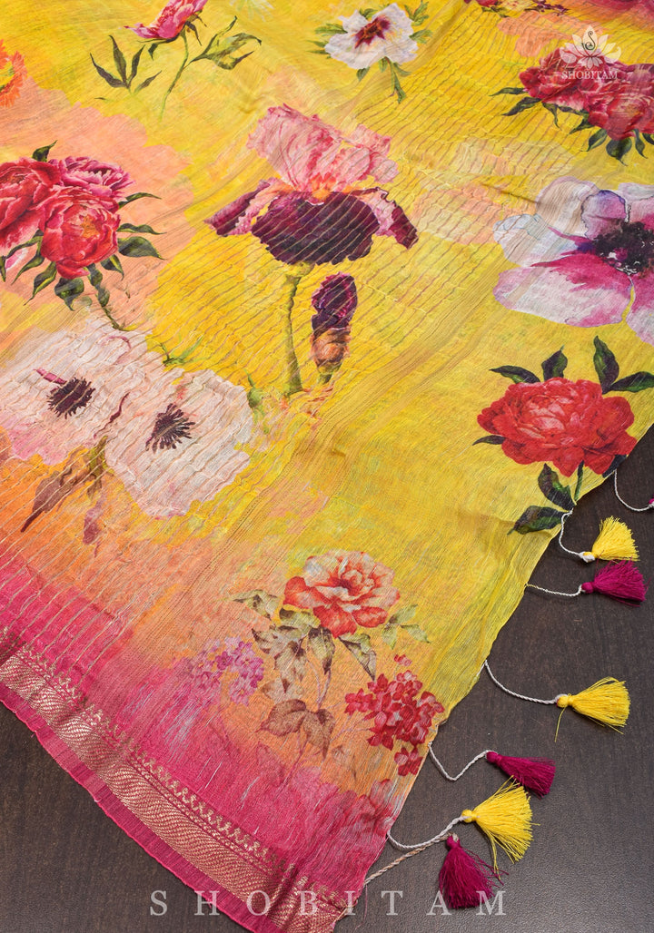 Yellow Floral Digital Print Silk Linen Saree