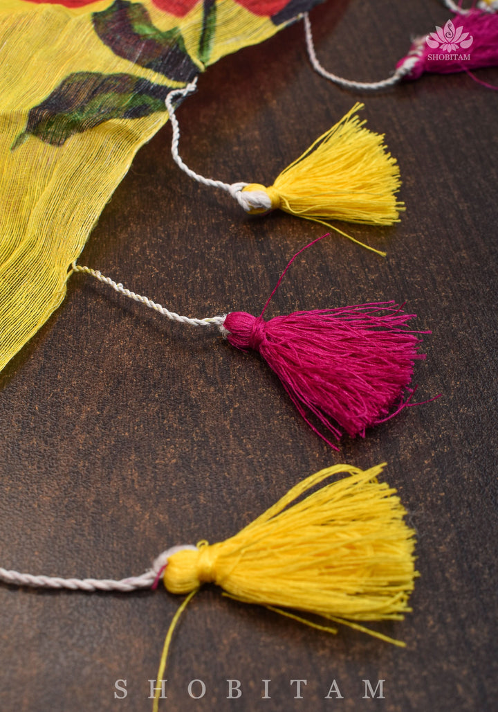 Yellow Floral Digital Print Silk Linen Saree