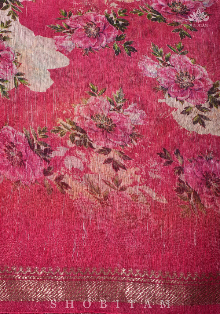 Yellow Floral Digital Print Silk Linen Saree