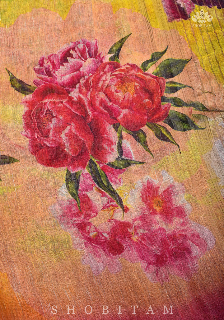 Yellow Floral Digital Print Silk Linen Saree