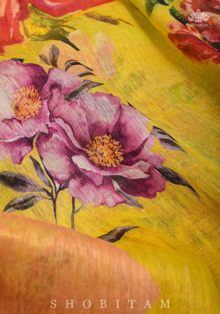 Yellow Floral Digital Print Silk Linen Saree