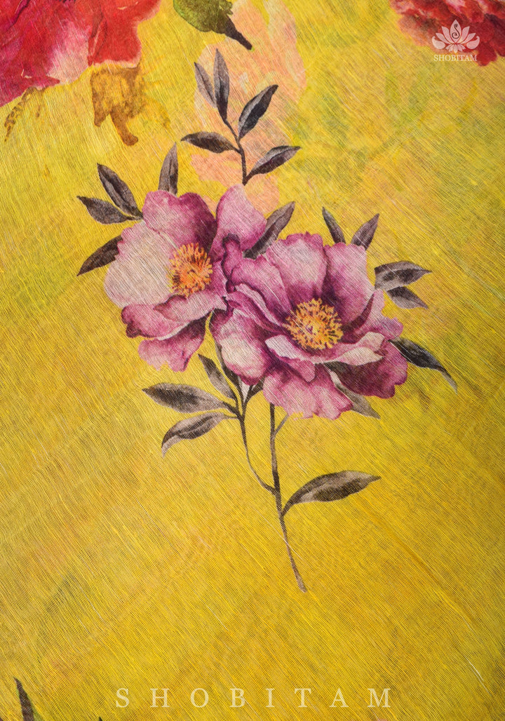 Yellow Floral Digital Print Silk Linen Saree