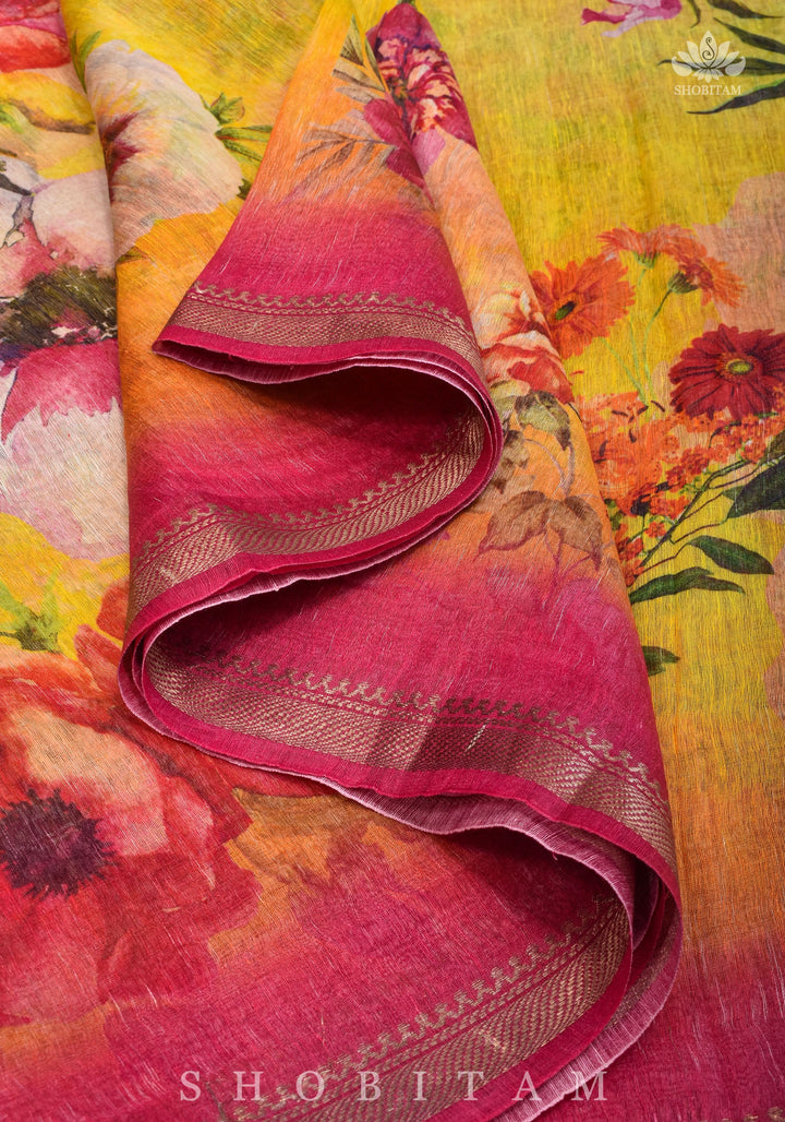 Yellow Floral Digital Print Silk Linen Saree