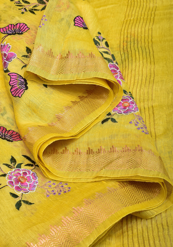 Blooms of Joy - Floral Embroidered Silk Linen Saree in Sunshine Yellow