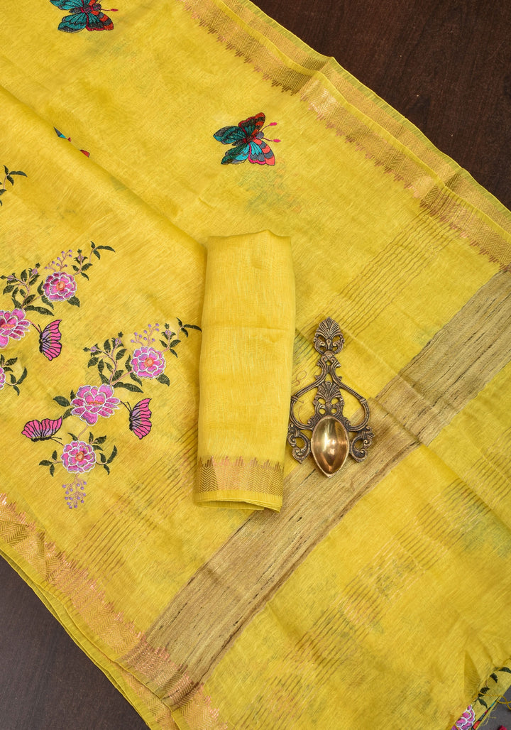 Blooms of Joy - Floral Embroidered Silk Linen Saree in Sunshine Yellow