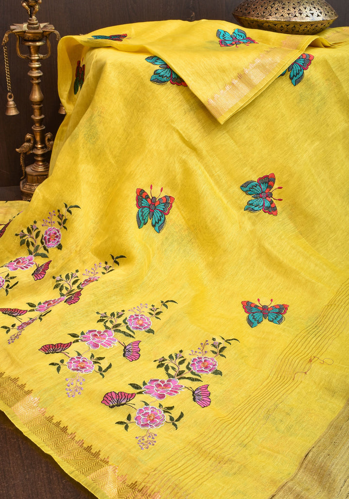 Blooms of Joy - Floral Embroidered Silk Linen Saree in Sunshine Yellow