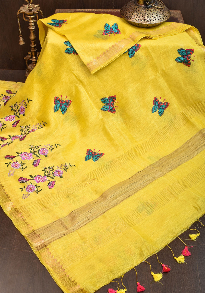 Blooms of Joy - Floral Embroidered Silk Linen Saree in Sunshine Yellow