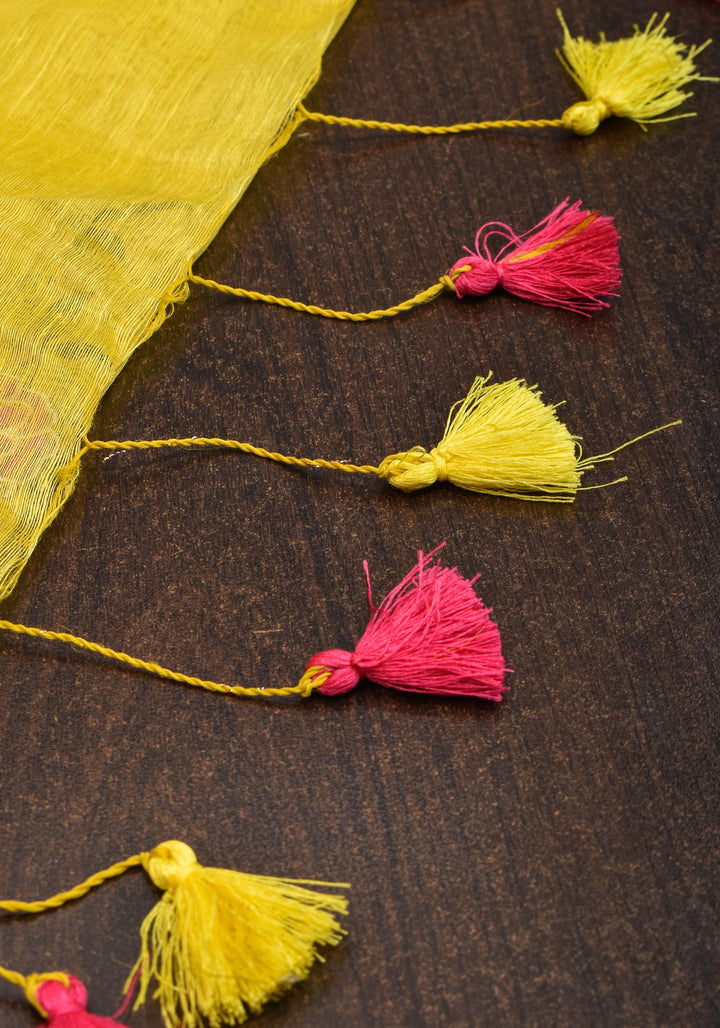 Blooms of Joy - Floral Embroidered Silk Linen Saree in Sunshine Yellow