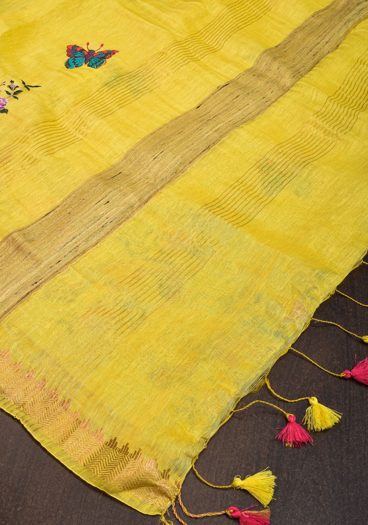 Blooms of Joy - Floral Embroidered Silk Linen Saree in Sunshine Yellow