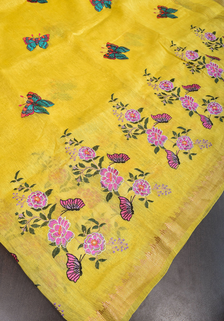 Blooms of Joy - Floral Embroidered Silk Linen Saree in Sunshine Yellow