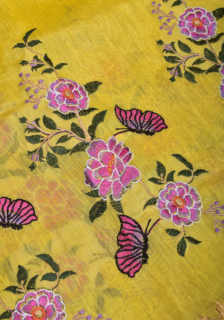 Blooms of Joy - Floral Embroidered Silk Linen Saree in Sunshine Yellow
