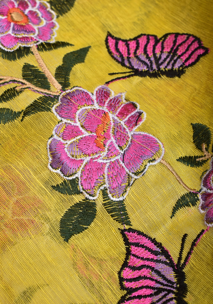 Blooms of Joy - Floral Embroidered Silk Linen Saree in Sunshine Yellow
