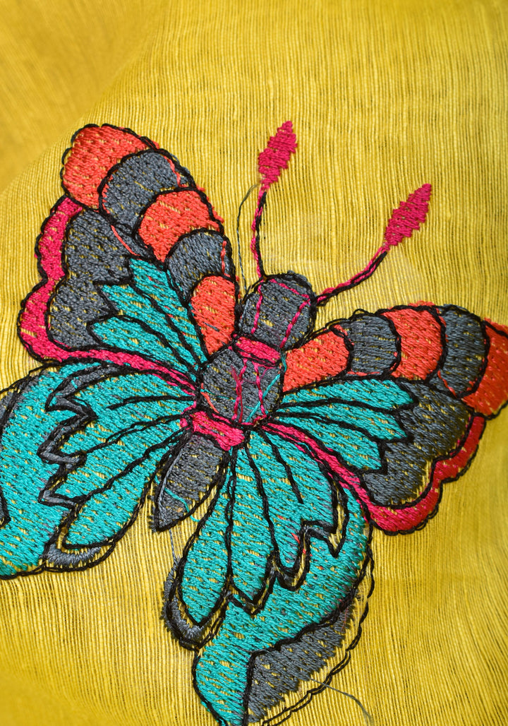 Blooms of Joy - Floral Embroidered Silk Linen Saree in Sunshine Yellow