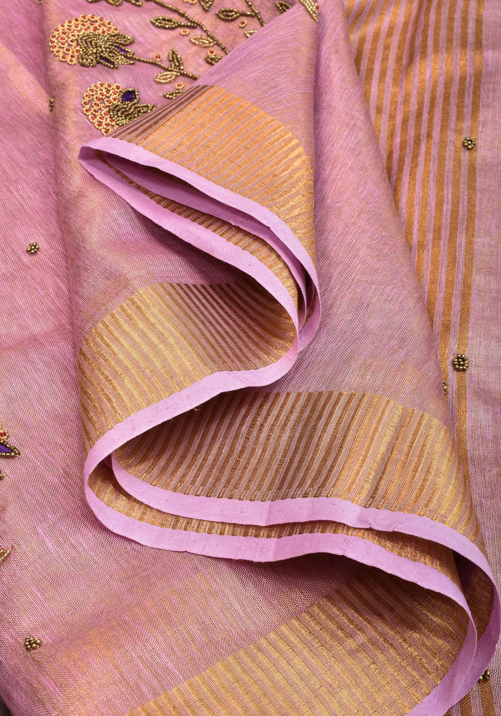 Tissue Linen Saree in Thistle and Gold Tissue with  Bead and embroidery handwork