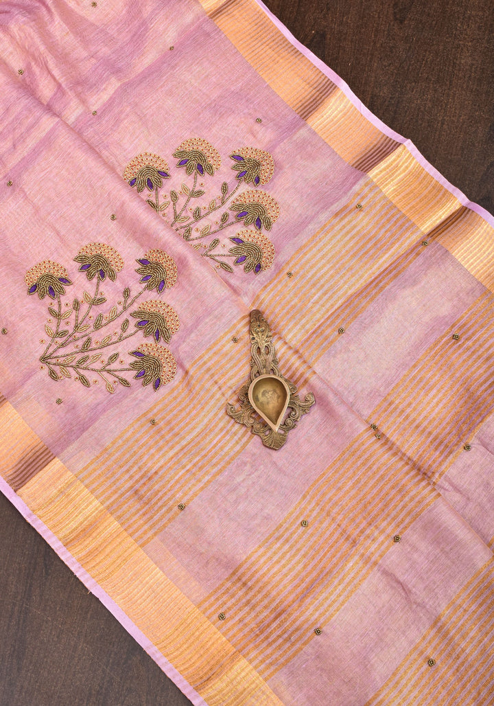 Tissue Linen Saree in Thistle and Gold Tissue with  Bead and embroidery handwork