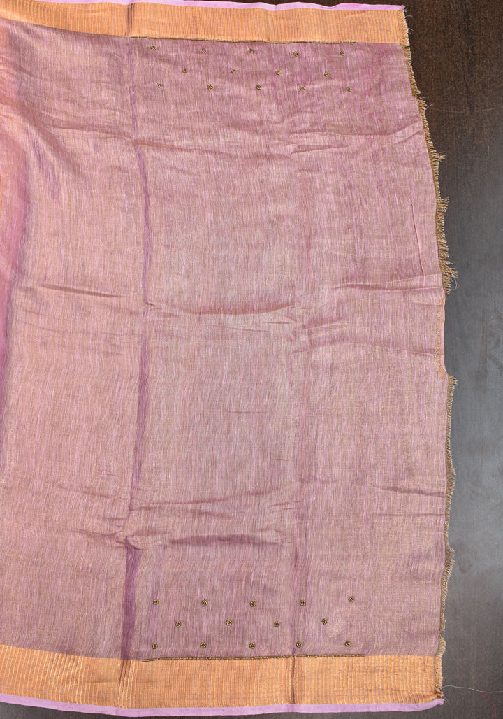 Tissue Linen Saree in Thistle and Gold Tissue with  Bead and embroidery handwork