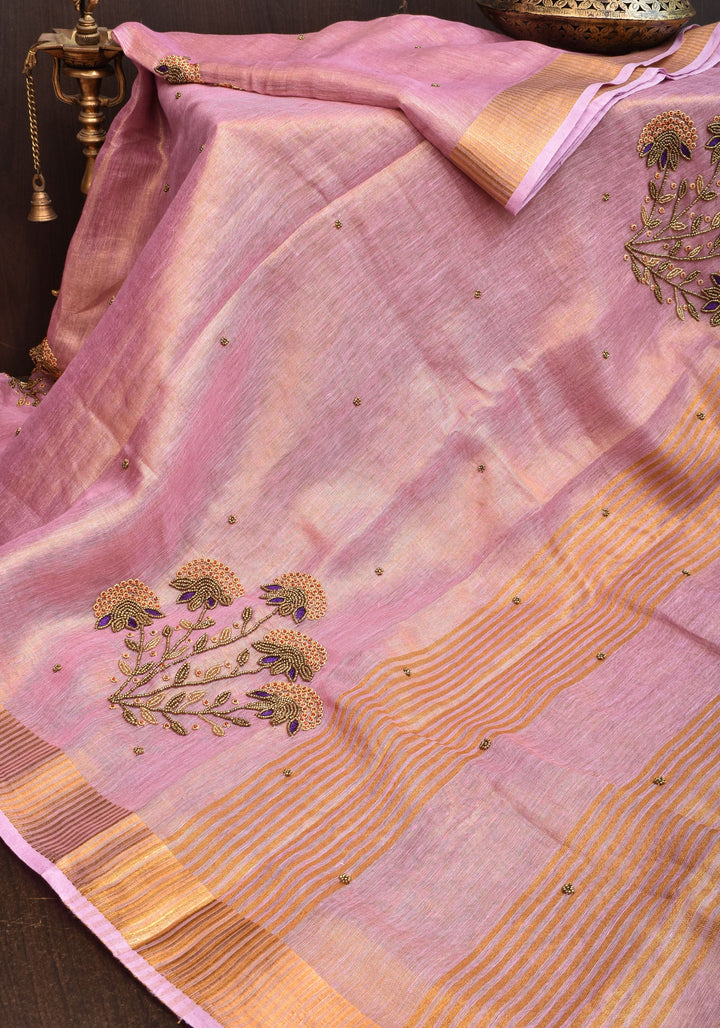 Tissue Linen Saree in Thistle and Gold Tissue with  Bead and embroidery handwork