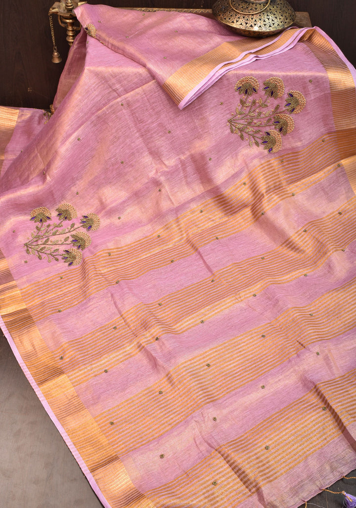 Tissue Linen Saree in Thistle and Gold Tissue with  Bead and embroidery handwork
