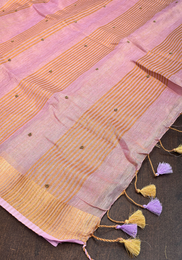Tissue Linen Saree in Thistle and Gold Tissue with  Bead and embroidery handwork