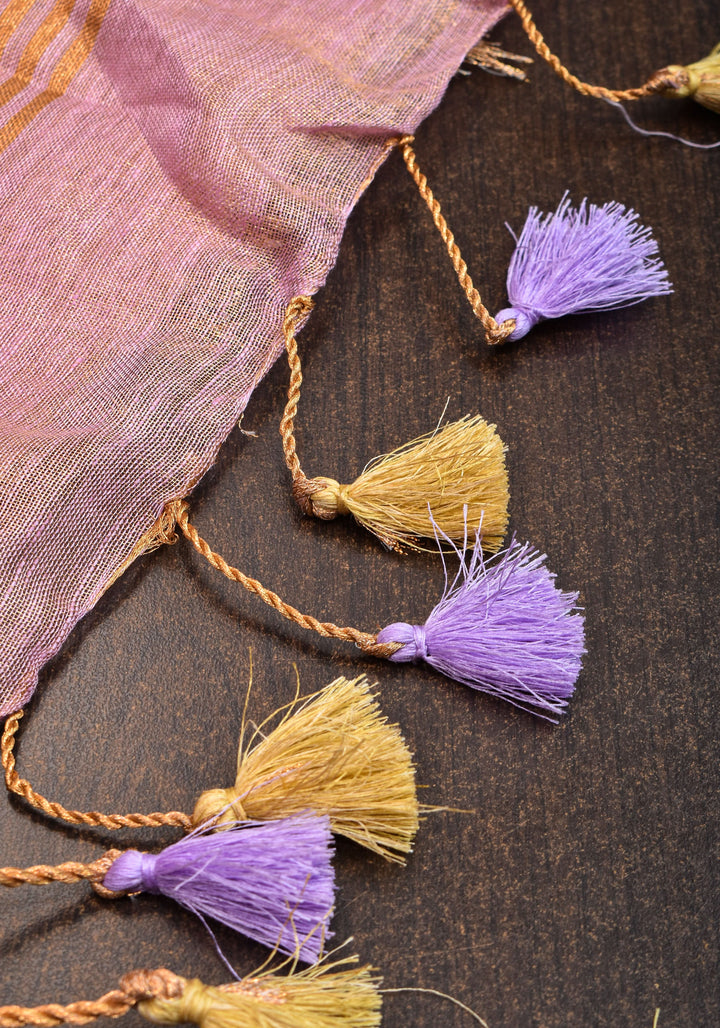 Tissue Linen Saree in Thistle and Gold Tissue with  Bead and embroidery handwork